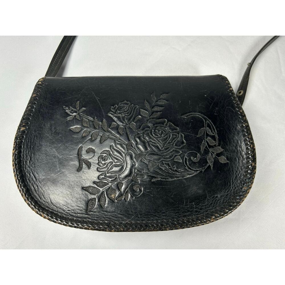 Vintage1940 custom-made curved leather, shoulder bag, black crossbody adjustable - Picture 3 of 13